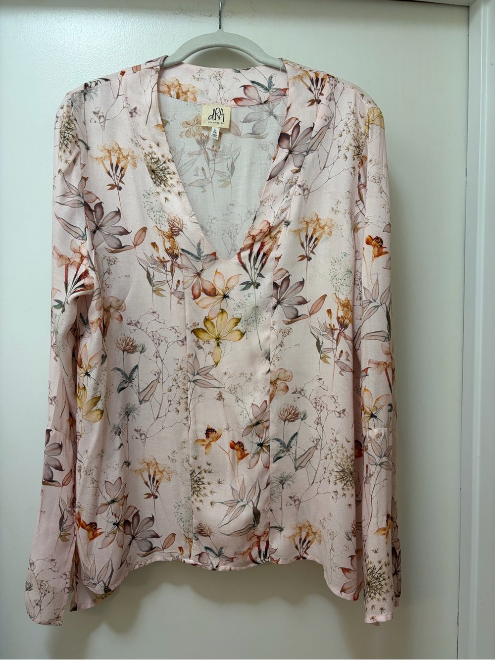 Floral V-Neck Long Sleeve Blouse in Blush Pink - Draped Fit